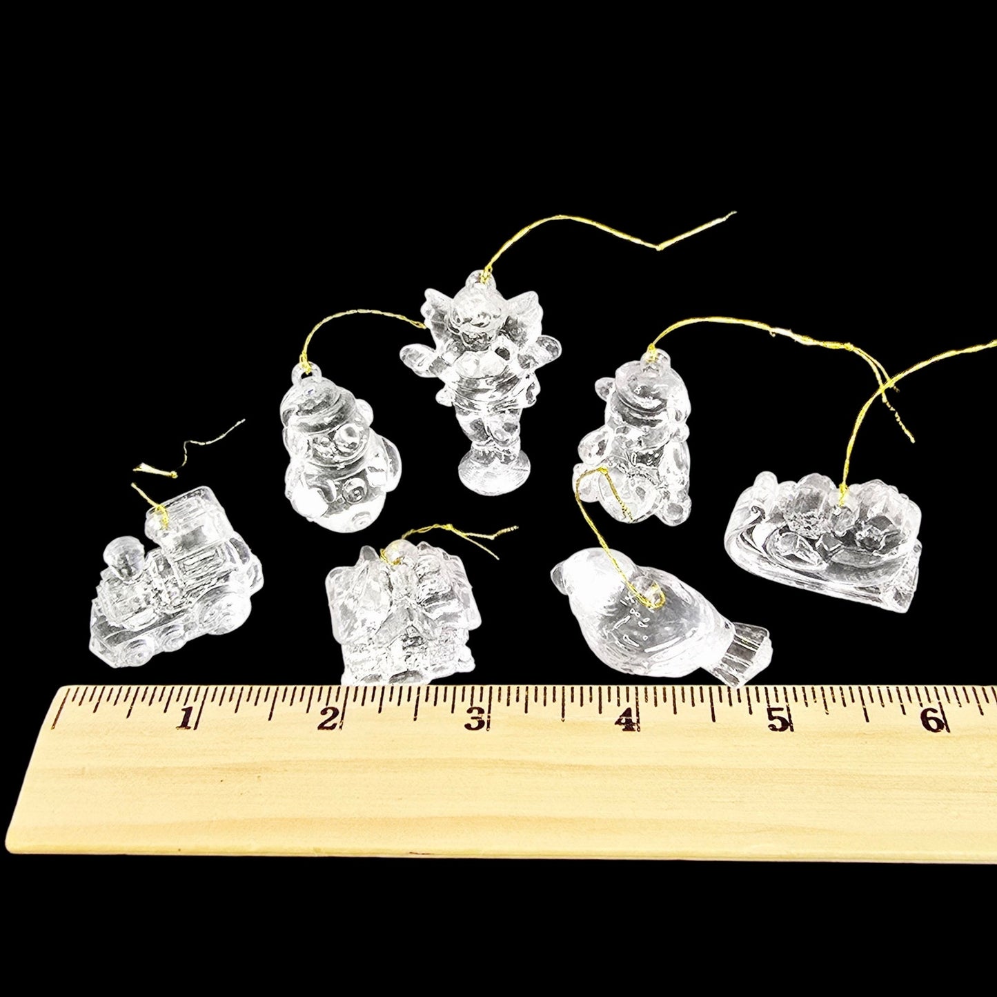Set of 7 Vintage Miniature Clear Acrylic Christmas Ornaments