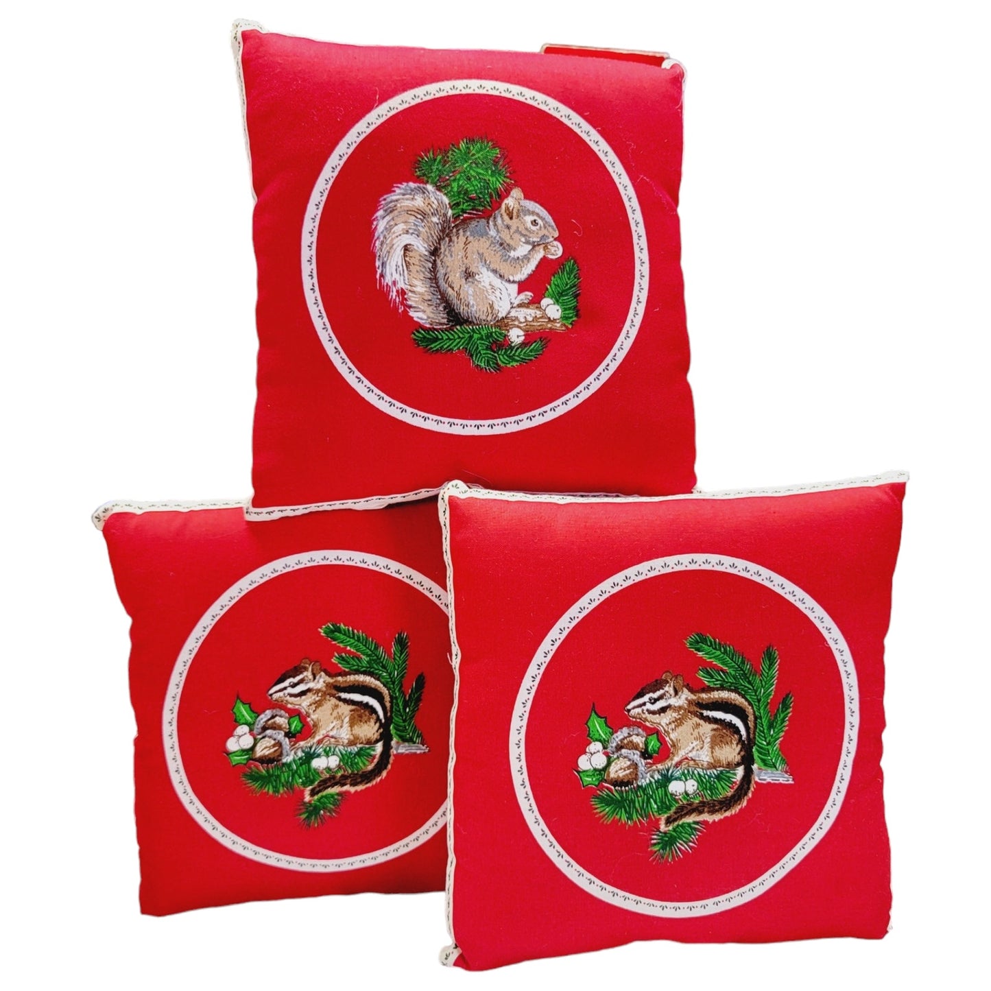 Set of 3 Double Sided Vintage Christmas Pillows, Ducks One Side, Squirrels on the Other