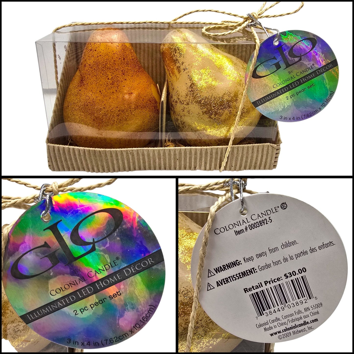 Vtg Illuminated LED Pear Light Set GLO Colonial Candle Gold Foil Fall Decor