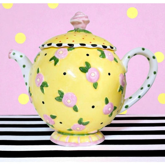 AS IS VTG 1997 ME Mary Engelbreit Ceramic Teapot, Yellow Pink Flower 8”, Flaw