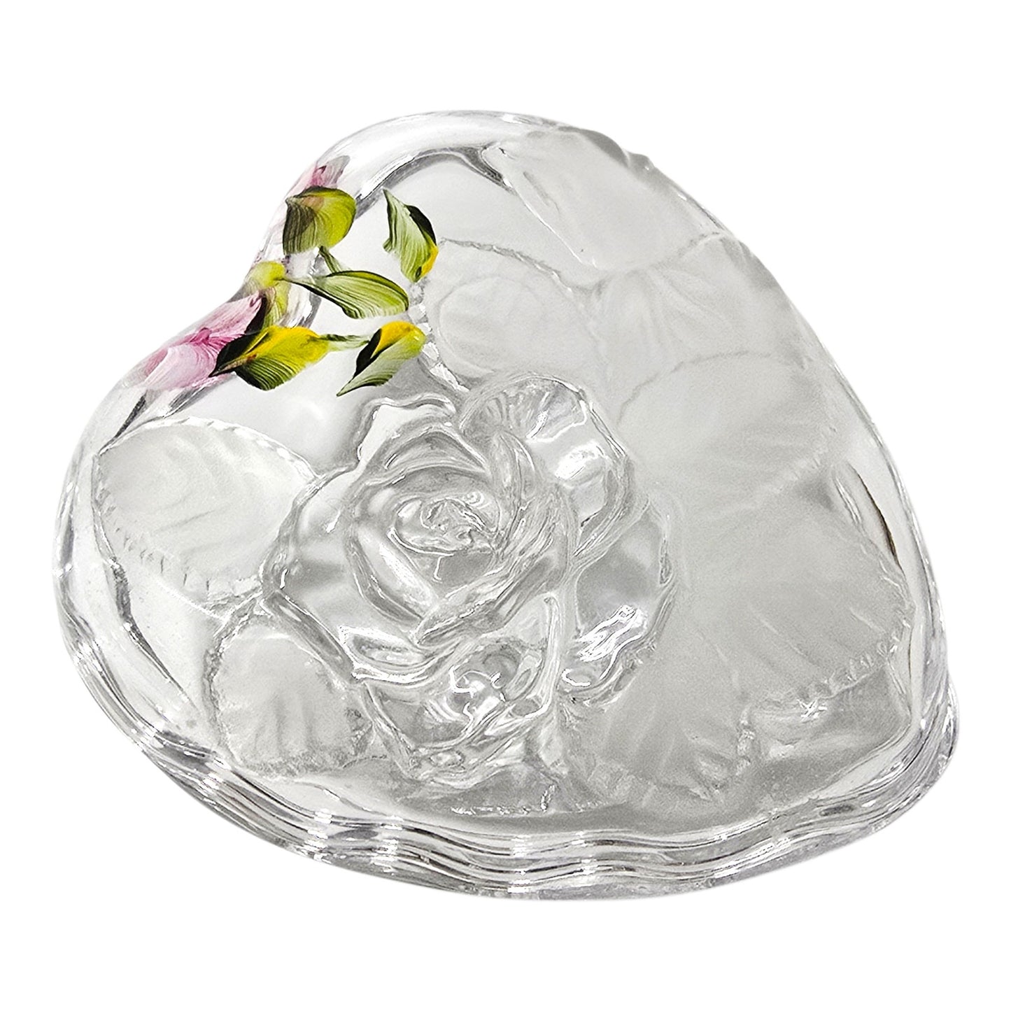 Hand-Painted Vintage Glass Heart Trinket Box | Frosted Embossed Rose Valentine's