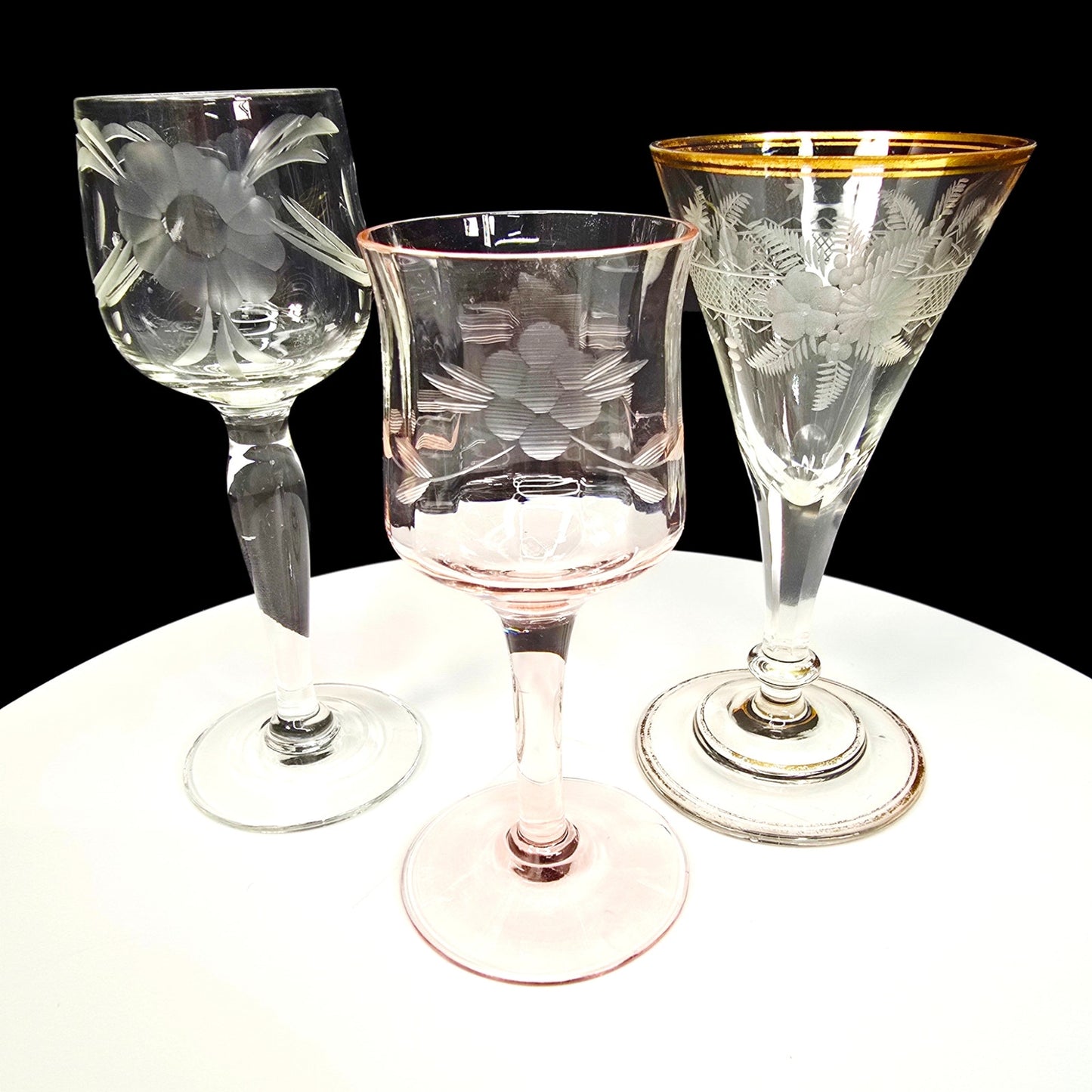 Trio of Petite Vtg Cordial Glasses Mismatched Minitature Liqueur Glass Set Read