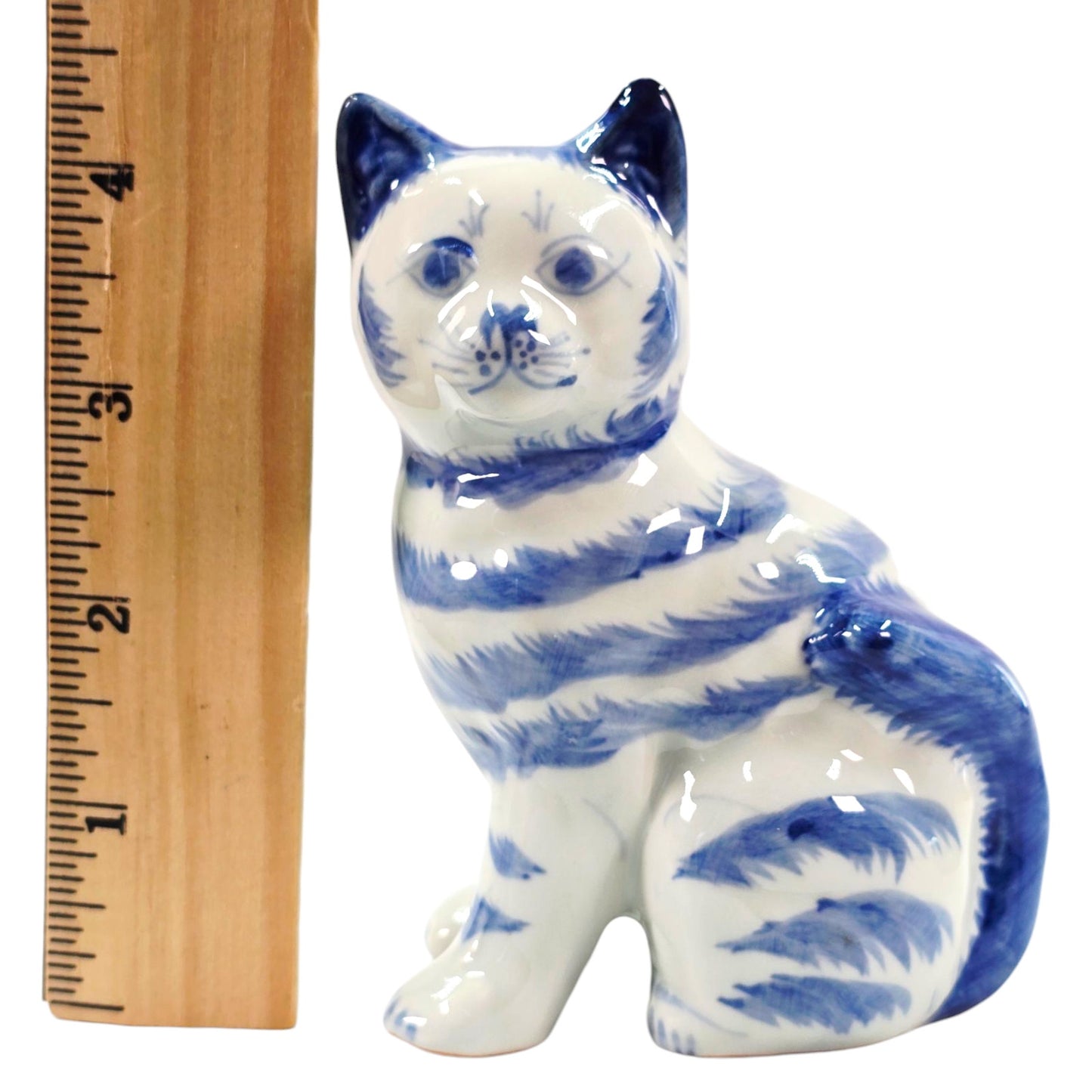 Vintage Porcelain Cat Figurine White with Blue Stripes