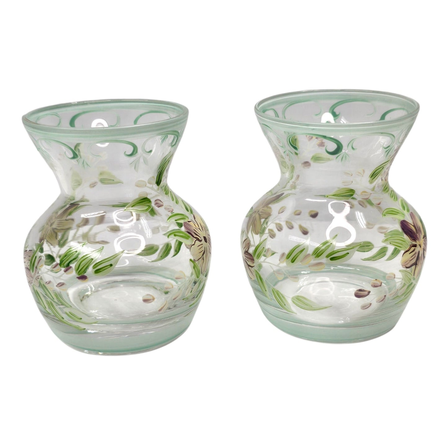 Vtg Hand Painted Floral Glass Vases Lot of 2 Clear Green Trim Small Bud