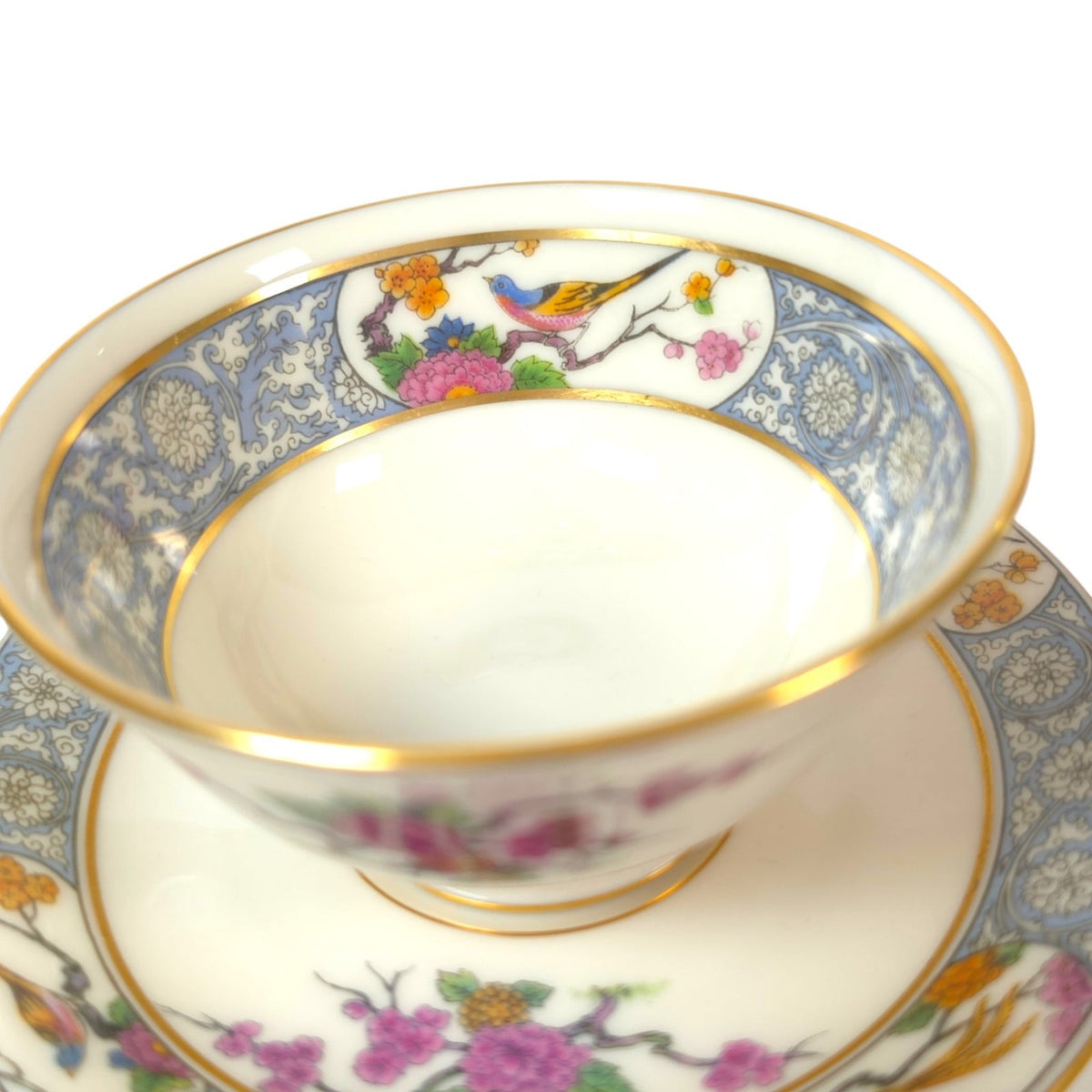 Vintage Lenox Ming P-16 Footed Teacups & Saucers Set of 2 Bird Floral Gold USA