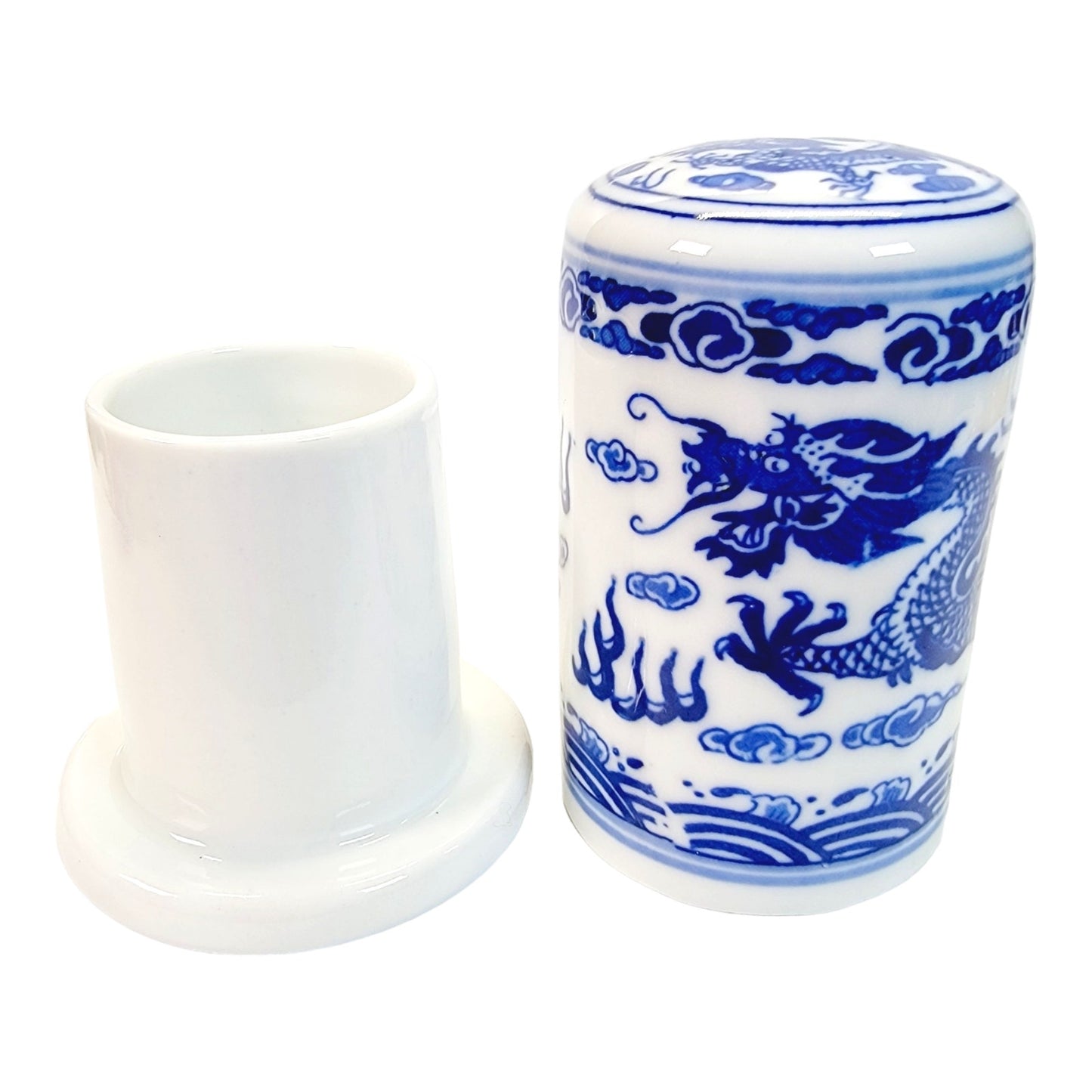 Unique Covered Toothpick Holder with Lid, Blue and White Dragon