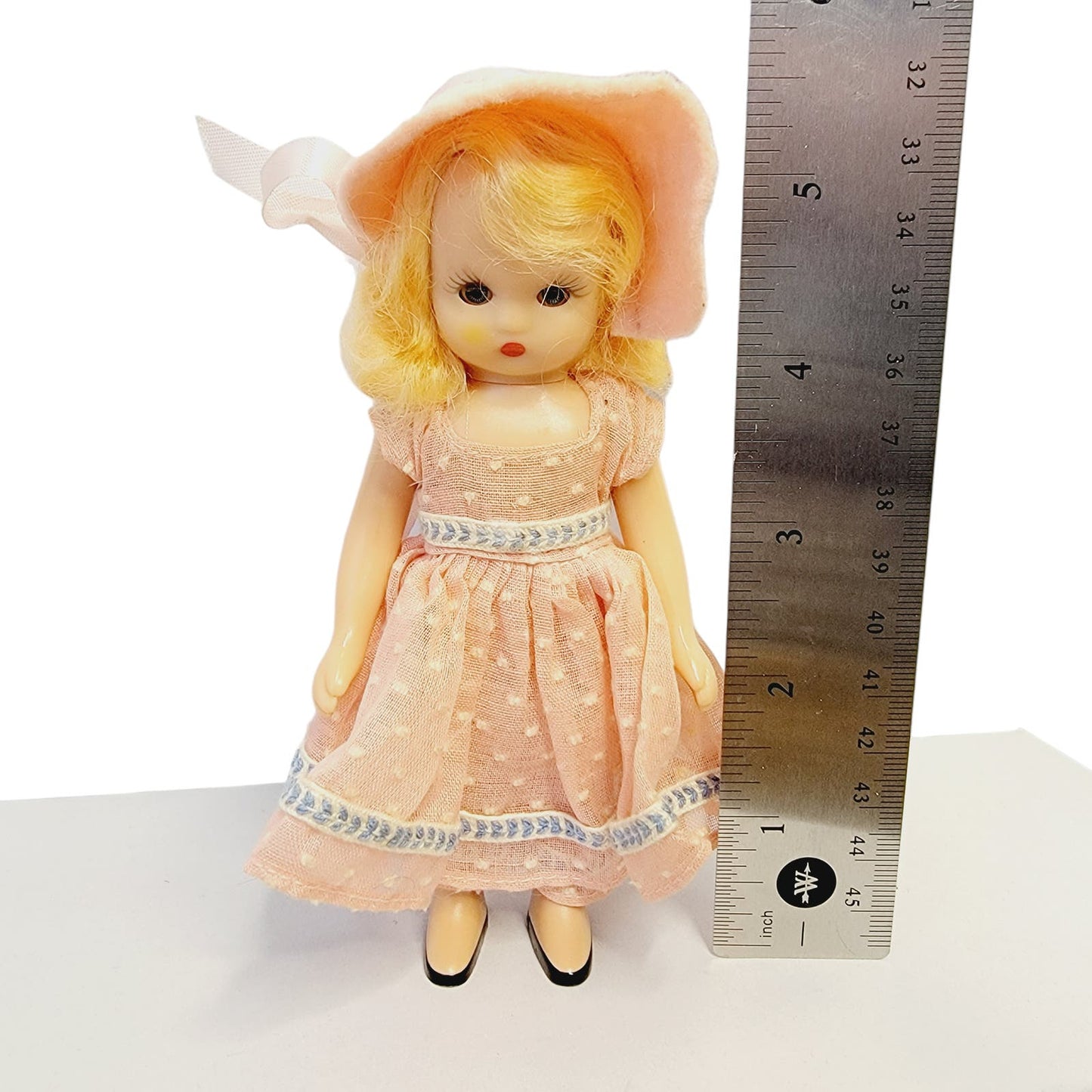 Vintage Nancy Ann 1950's Storybook Doll 5.75" Blonde Blue Eyes Pink Dress Blue Trim