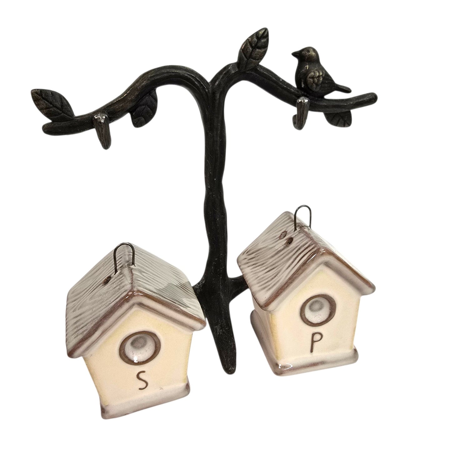 Pottery Barn Birdhouse Salt and Pepper Shakers Metal Display Tree