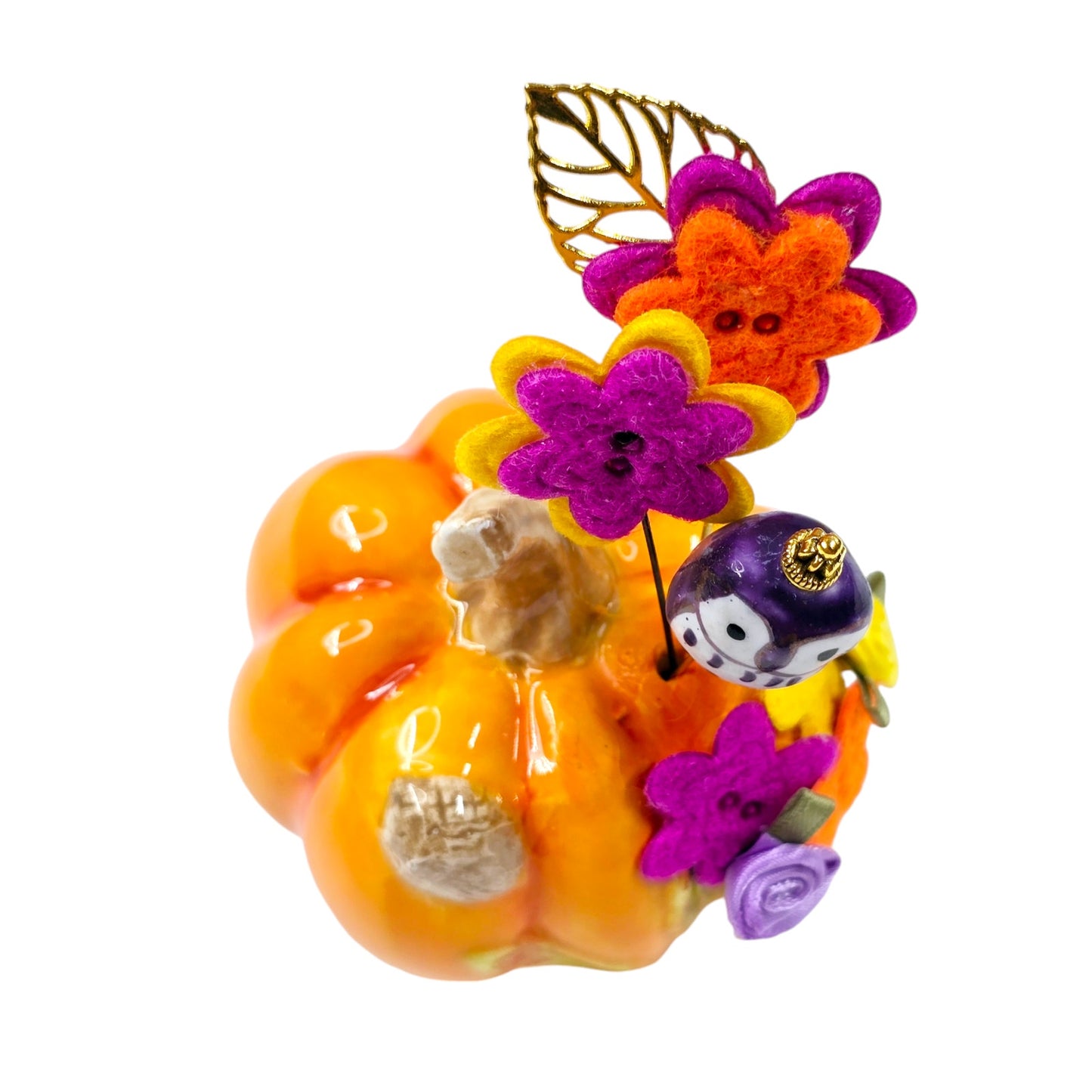 Pumkin Shaker with Felt Flowers and Owl Hat Pins