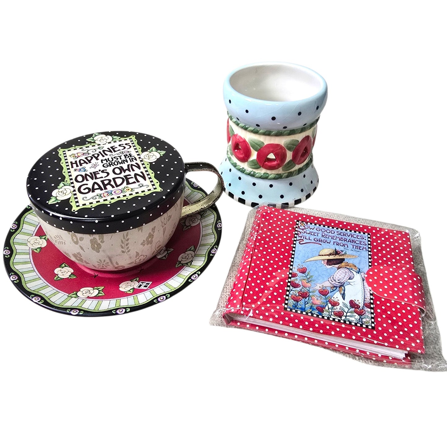 ME Mary Engelbreit  Garden Blossom Lot: Tin Teacup Trinket Holder, Blossom Votive and Photo Album