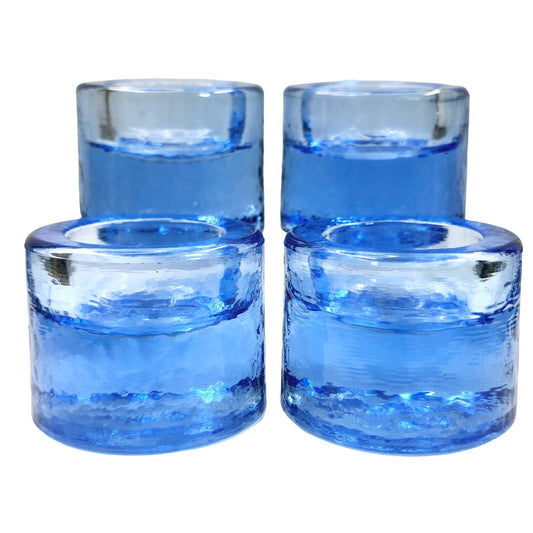 Set of 4 Blue Recycled Glass Candle Holders / Blue Block Tealights