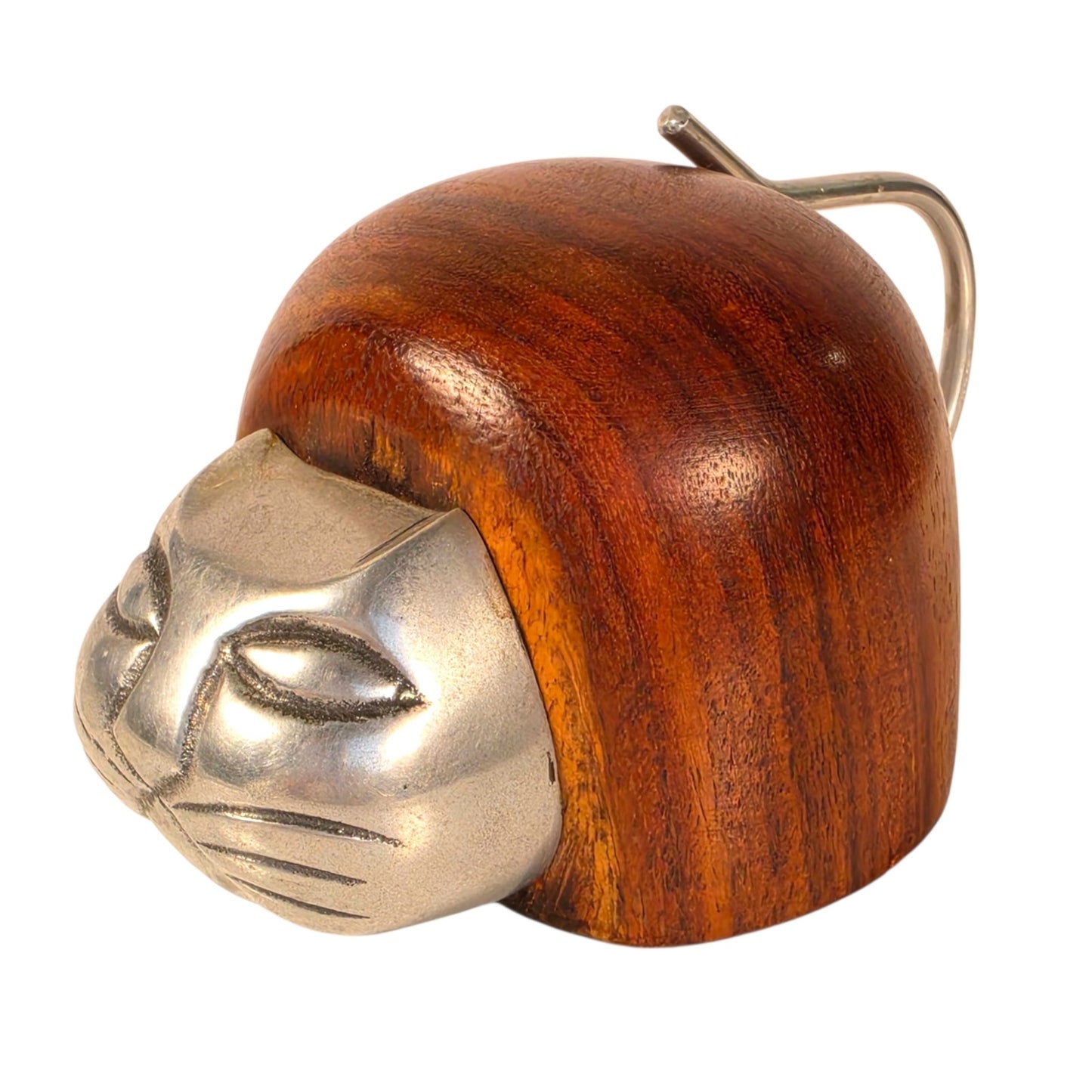 Vintage Wooden Cat Figurine Paperweight Metal Face India Boho Eclectic