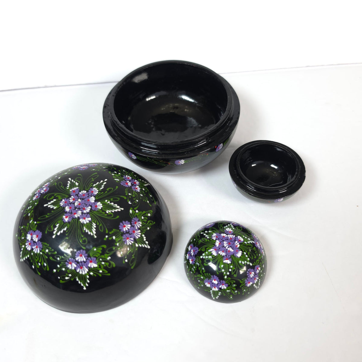 Hand Painted Black Floral Nesting Trinket Boxes Set of 2 Purple Flowers