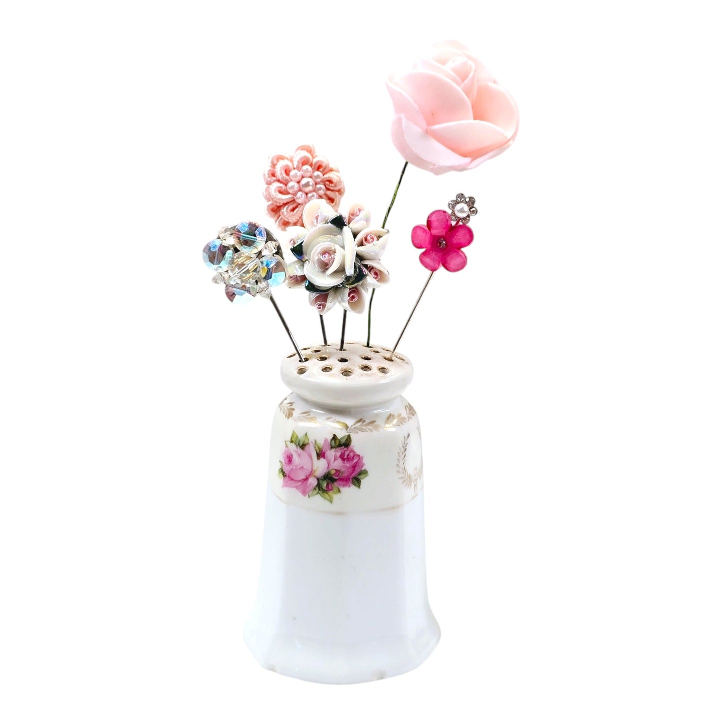 Vintage Pink Floral Salt Shaker Hat Pin Display