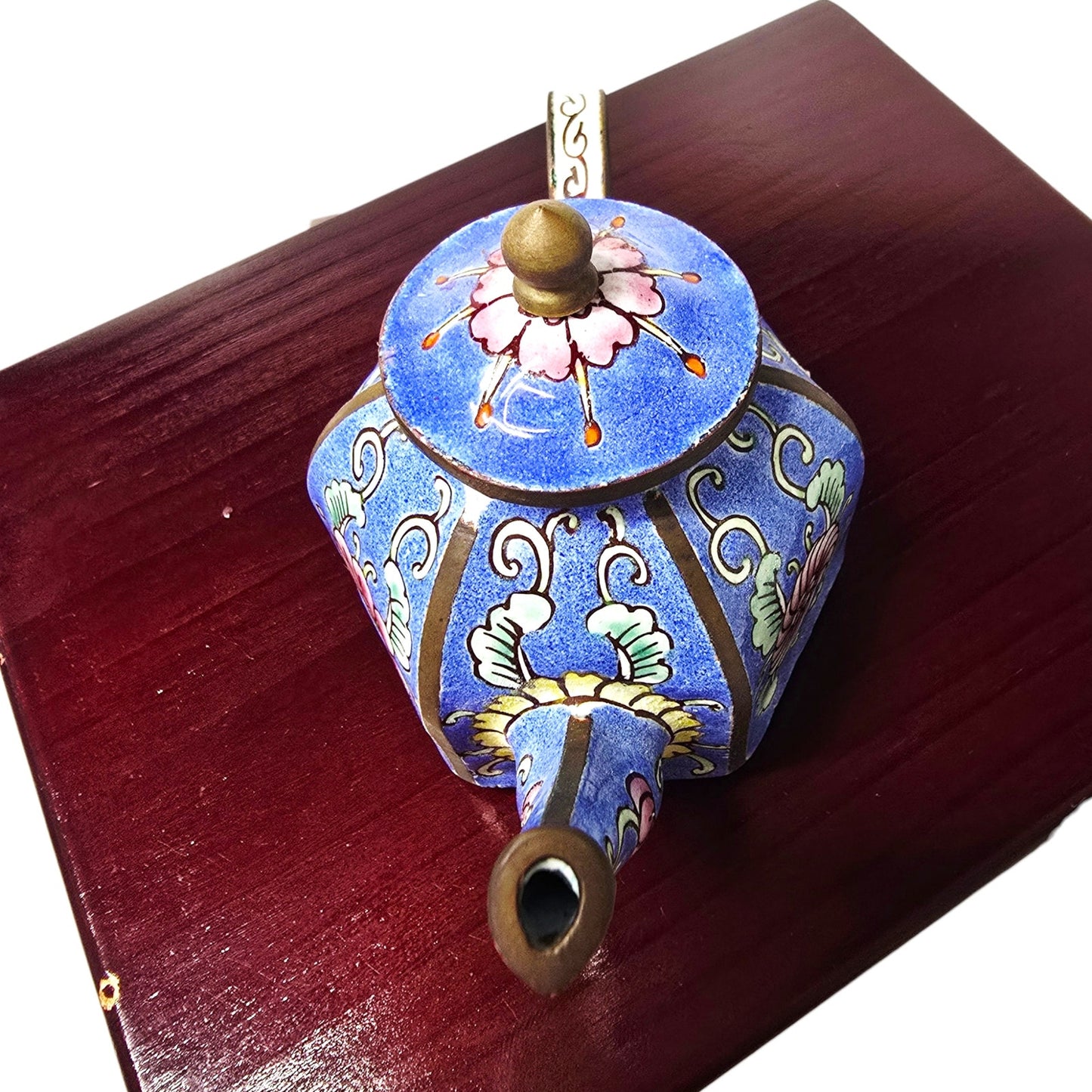 Vintage Miniature Cloisonné Enamel Teapot with Wooden Box - Lined Keepsake Set