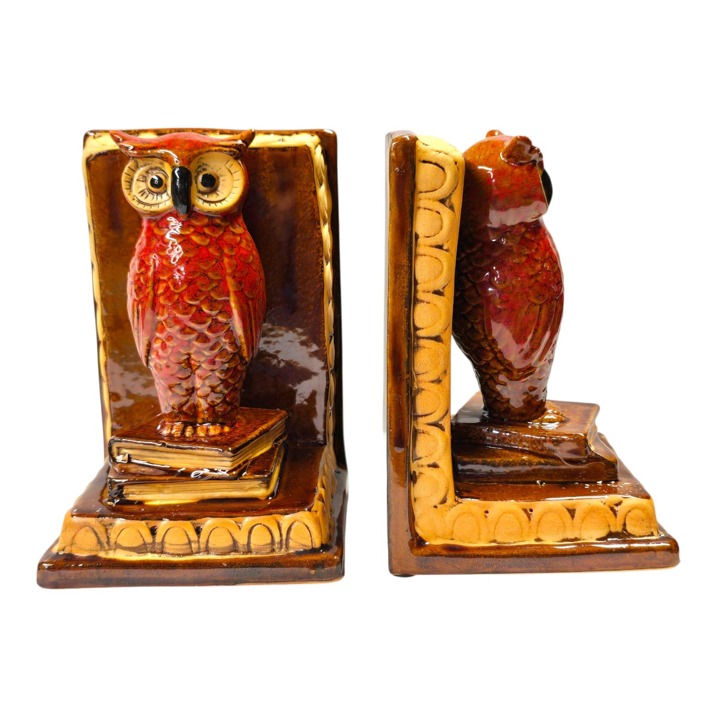Vtg Ceramic Owl Bookends Great Horned Owl Red Glaze Owls on Books Retro Fall MCM