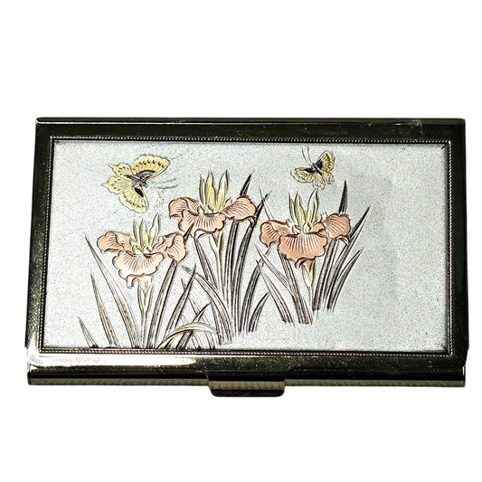 Vtg Brass Business Card Compact, Butterflies & Iris Floral Ladies Compact Japan