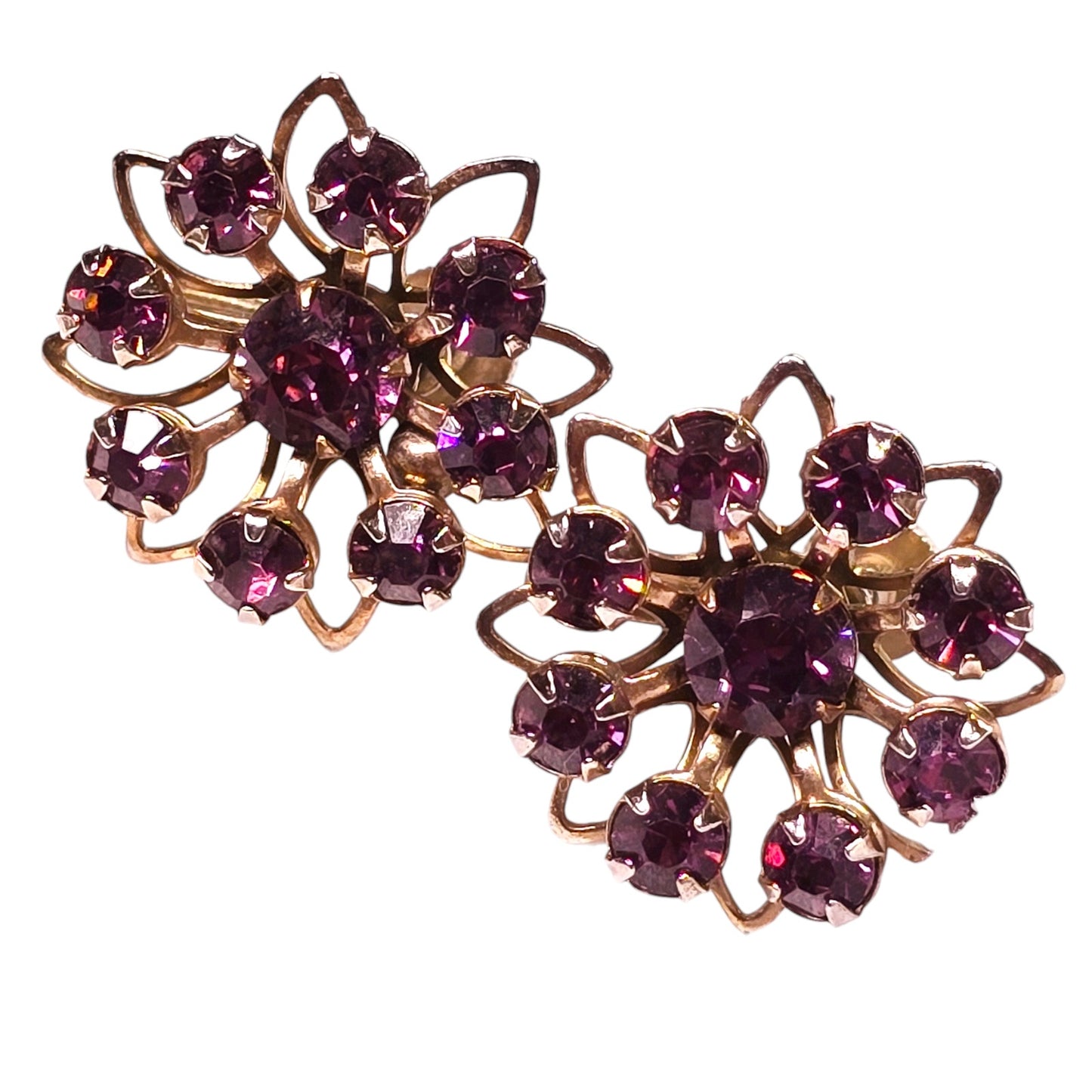 Vintage Purple Rhinestine Screw-Back Clip On Earrings, Shade of Purple Amythest Color, Flower Shape