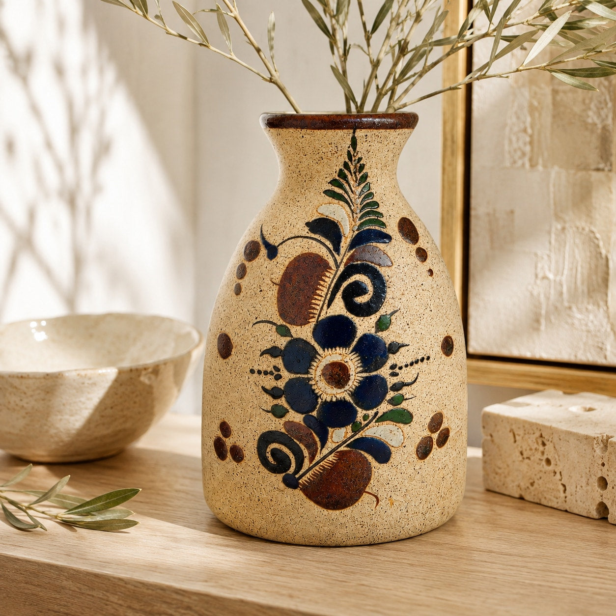 Vintage Netzi Tonala Mexican Pottery Bud Vase Hand Painted Folk Art Floral