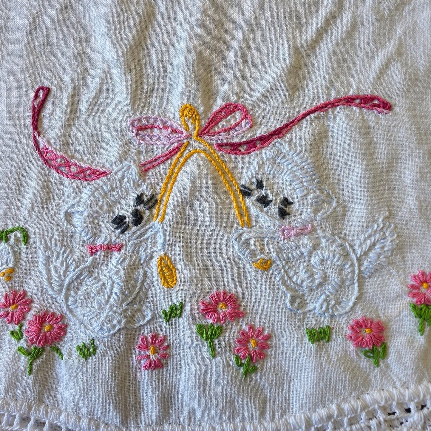 Vintage Embroidered Pillowcase Cats Wishbone Blue Lace Trim Pink Bow