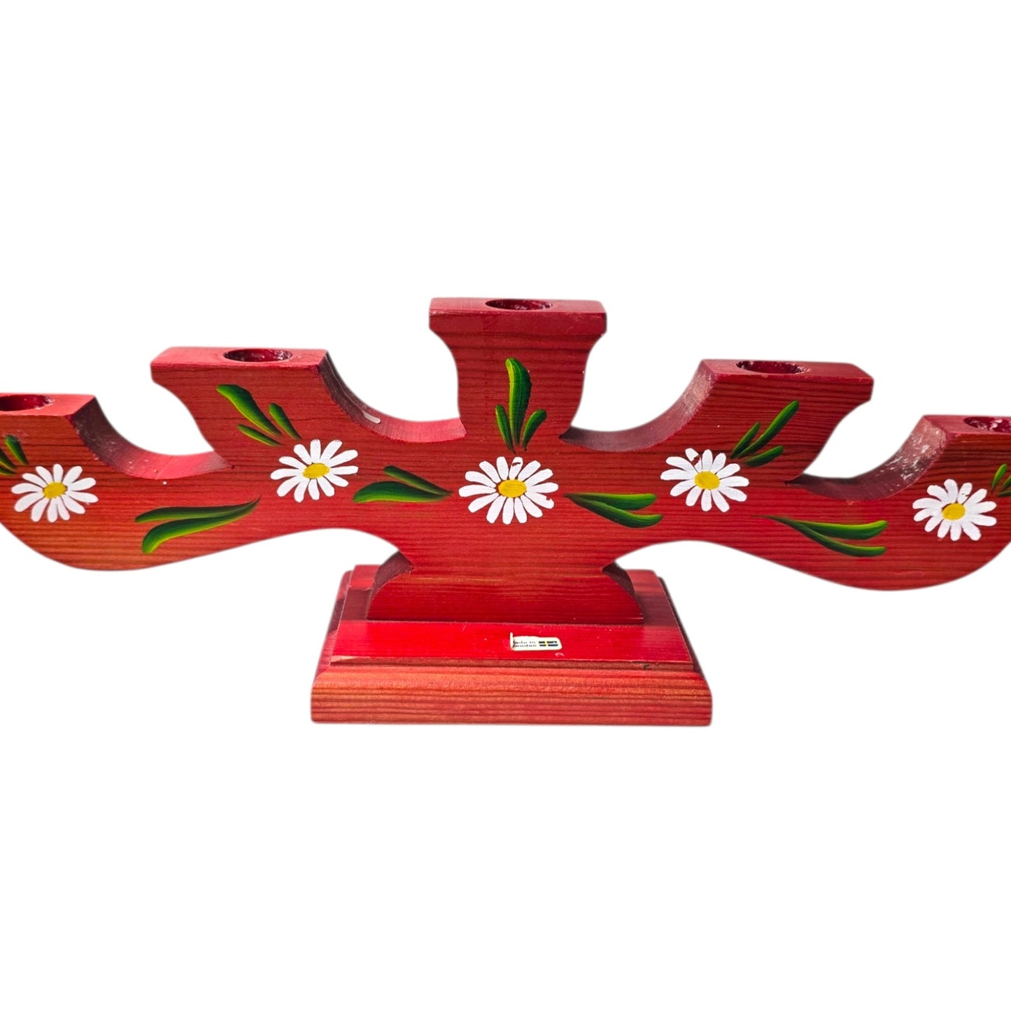 Vintage Sweden Wooden Candelabra Candle Holder Red Floral Hand Painted Folk Art
