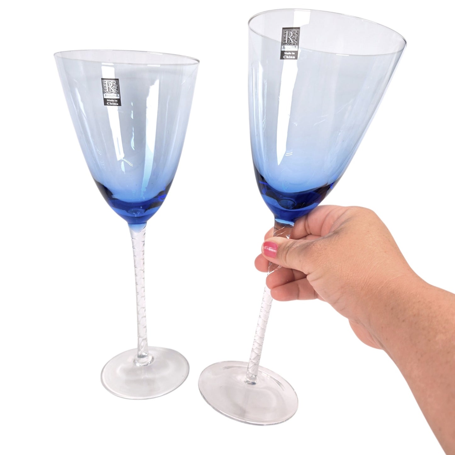 Roscher & Co Oversized Blue Stem Wine Glasses Goblets 20 oz