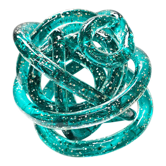 Handblown Art Glass Infinity Knot, Teal with Silver   Flecks