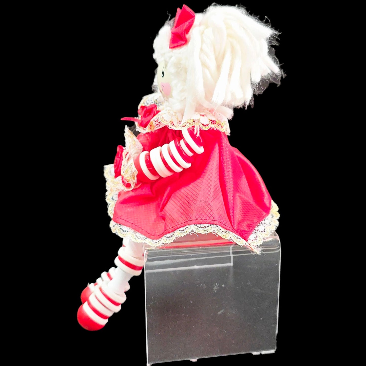 Vintage Wooden Button Doll Shelf Sitter, Wood and Yarn Sitting Doll