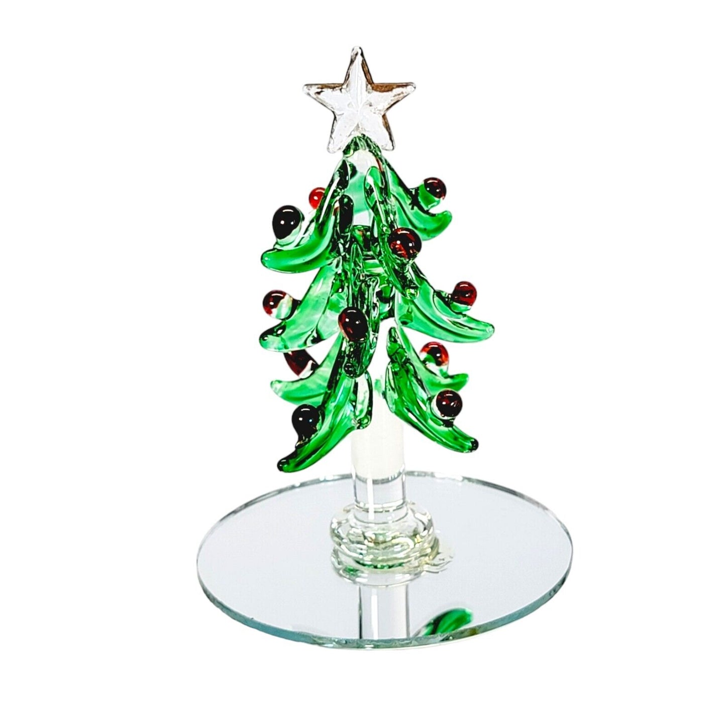 Vintage Spun Art Glass Christmas Tree with Mirror Base, Berries & Star, 3.25" H