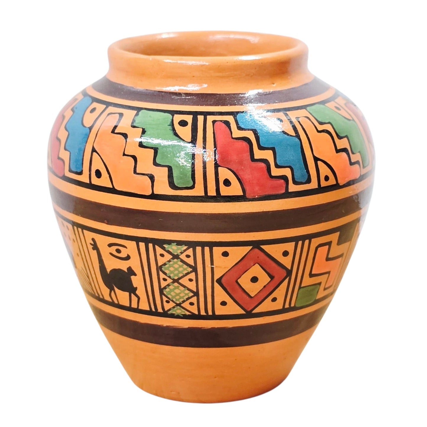 Miniature Ecuador Hand Painted Pottery Vase – Geometric Folk Art Pattern 3”H