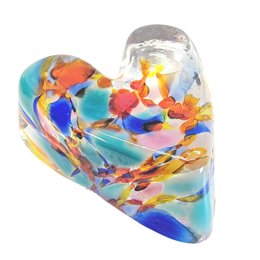 Small Hand Blown Art Glass Heart Paperweight, Applied Rainbow Colors