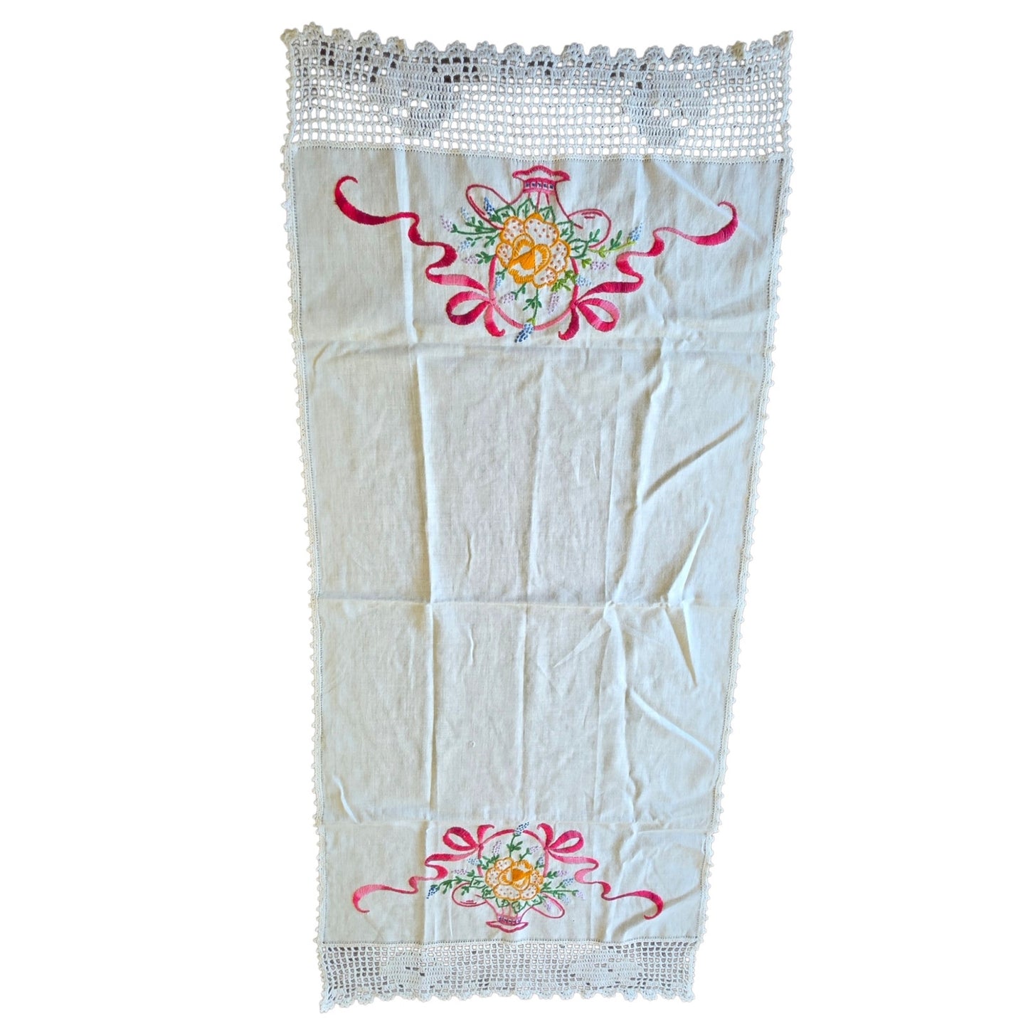 Vintage Floral Basket Embroidered Dresser Scarf Linen Runner Double Sided 32"