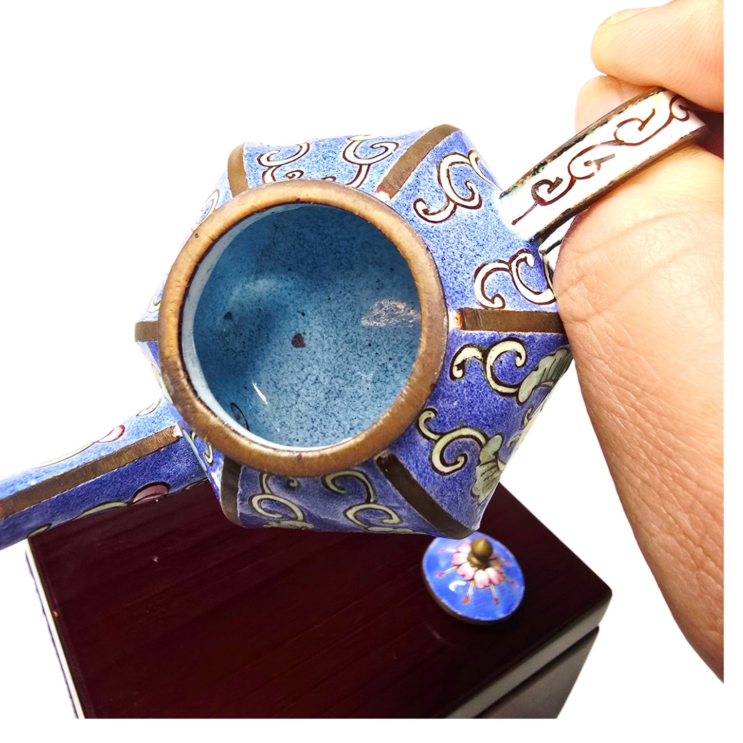 Vintage Miniature Cloisonné Enamel Teapot with Wooden Box - Lined Keepsake Set