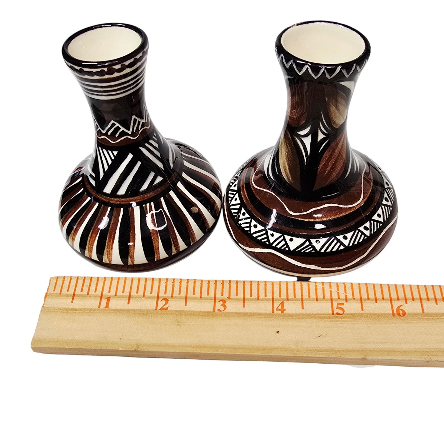 Pohaku Style Hawaiian Pottery Bud Vases Pair Hand Painted Tiki Polynesian