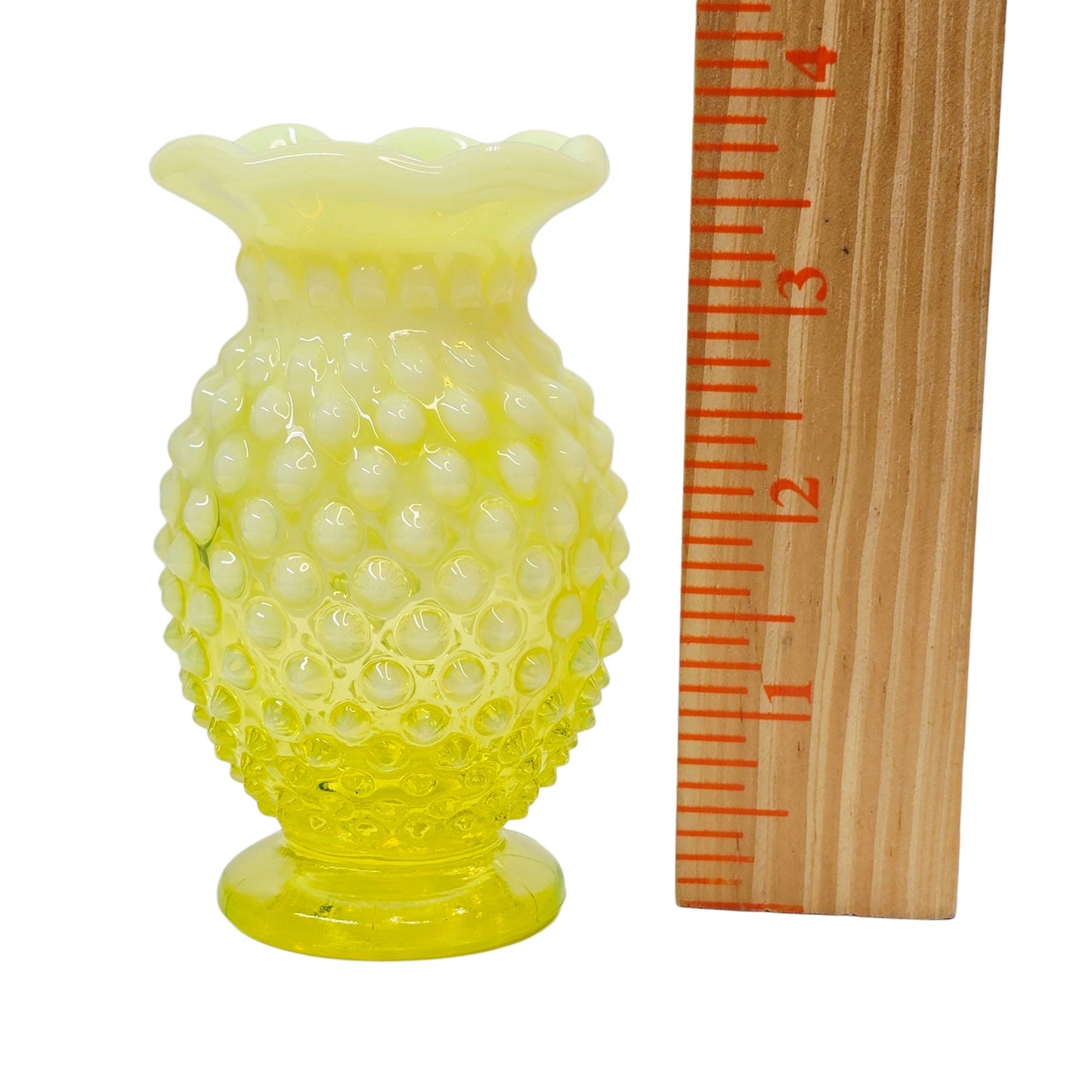 Vtg Fenton Vaseline Opalescent Hobnail Vase 3.75" Topaz Uranium Glass Glows UV