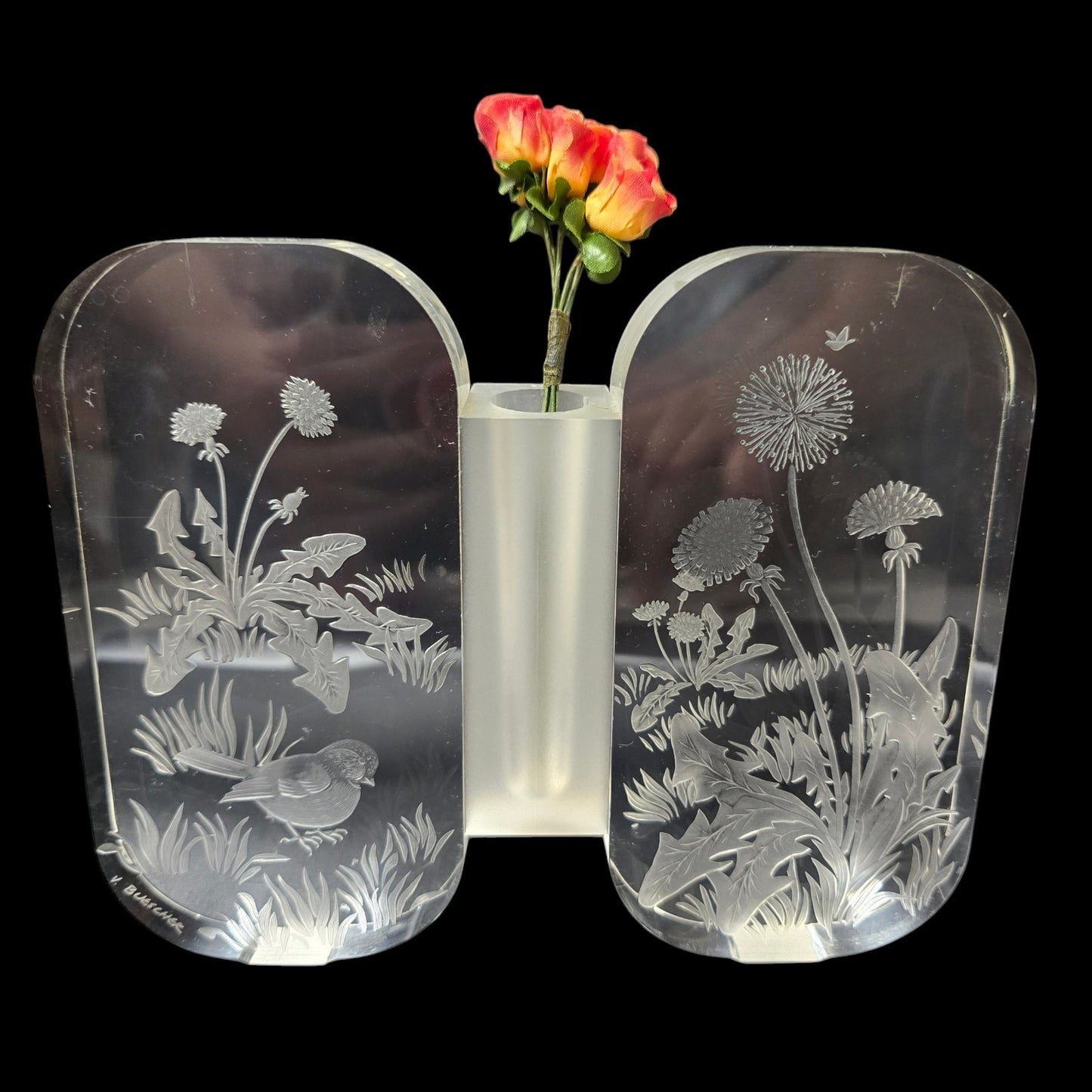 Double Panel Etched Lucite Bird and Dandelion Bud Vase Signed V. Buescher