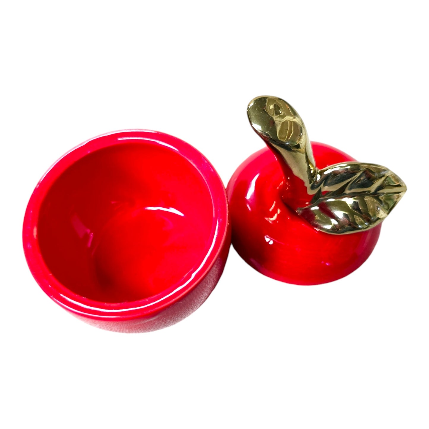 Vintage Red Apple Lidded Ceramic Trinket Box Gold Stem Leaf Glossy Farmhouse