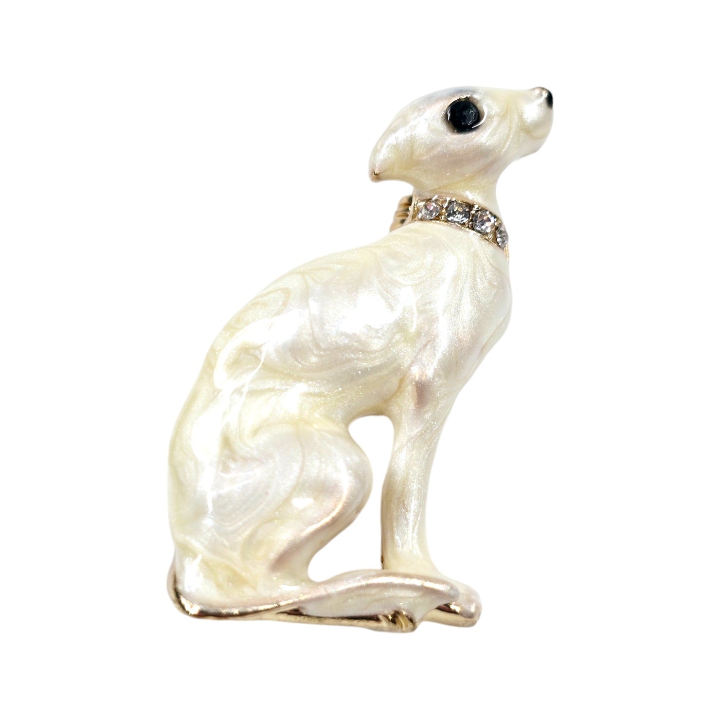 White Enamel Whippet Greyhound Puppy with Rhinestone Collar Lapel Pin Brooch Jewelry