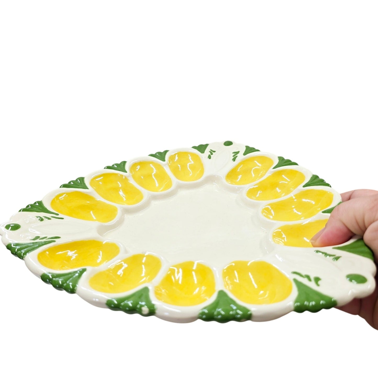 Vintage Handpainted Triangle Egg Plate Holds 12 Deviled Eggs Signed Artisan BJ