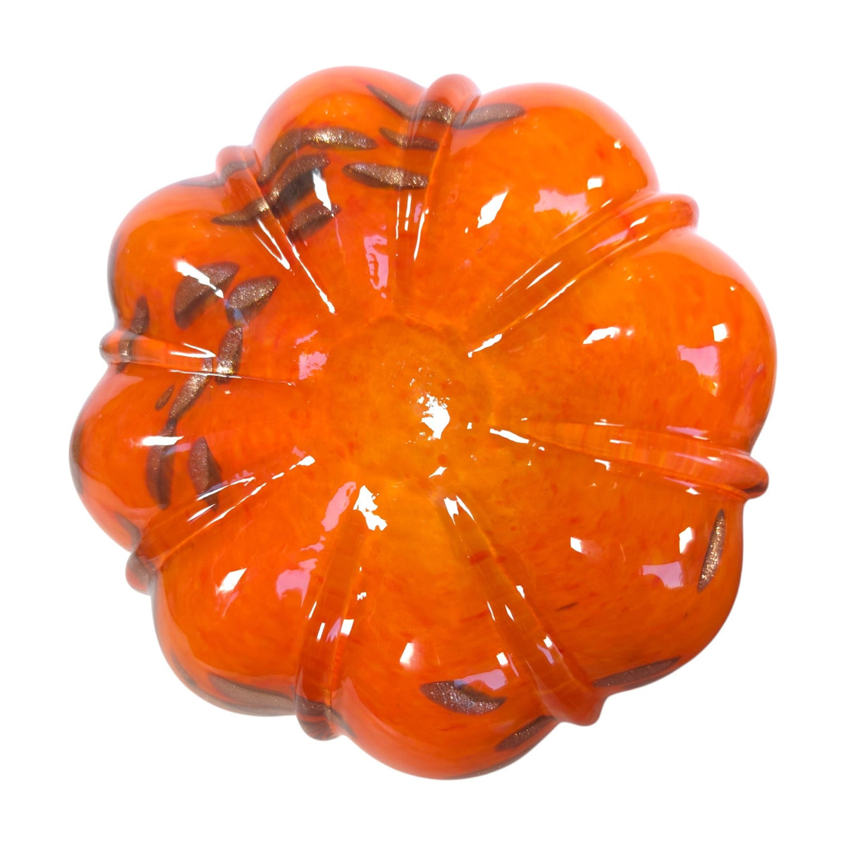 Hand Blown Orange Art Glass Pumpkin Green Curled Vine Stem Metallic Accents