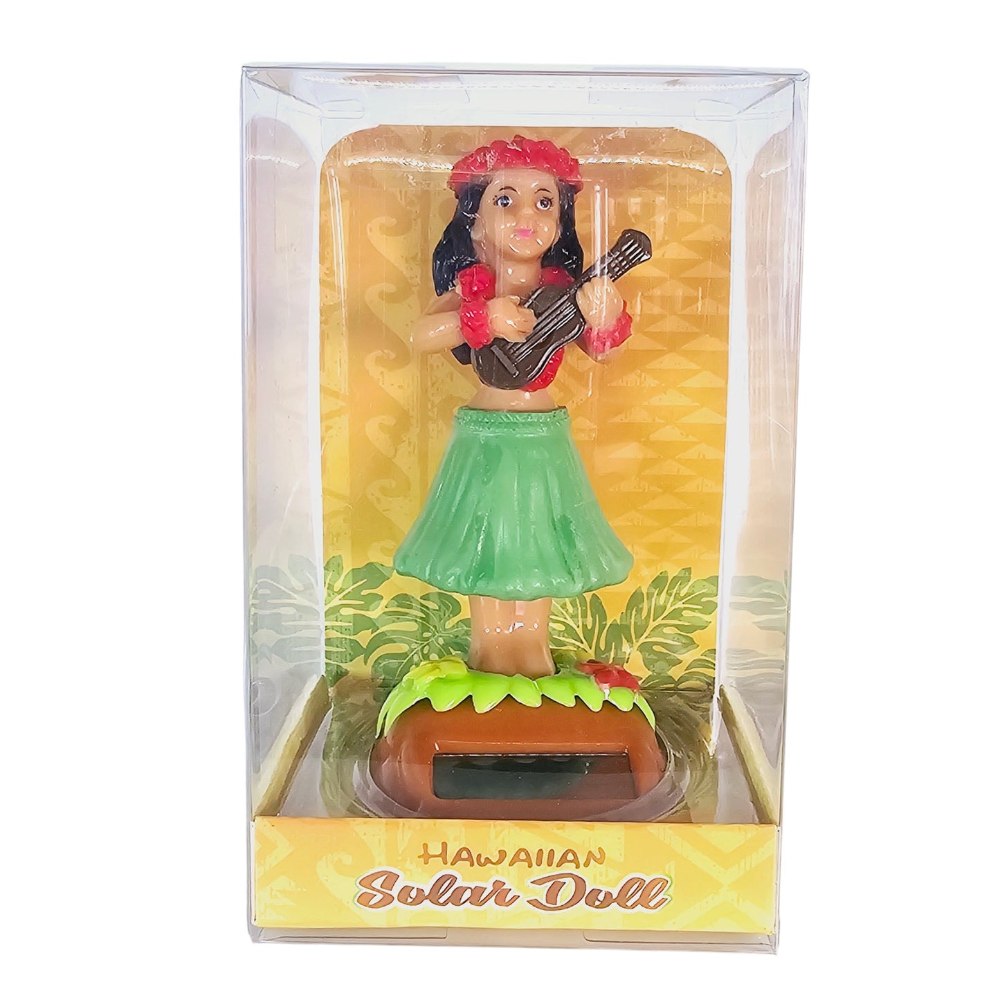 Hawaiian Solar  Powered Doll, Green Skirt with Ukulele, Red Lei