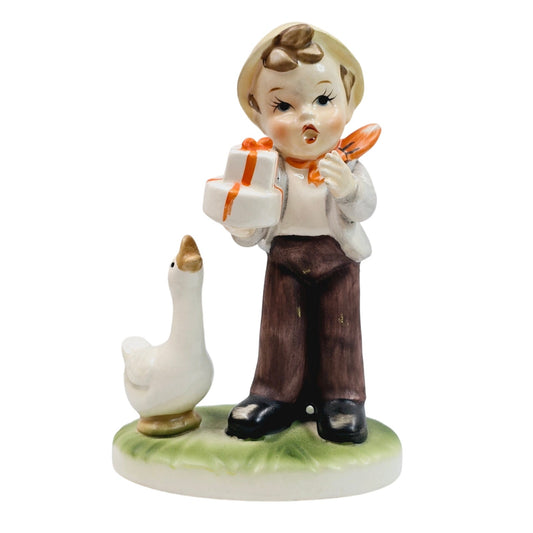 Vtg FLAMBRO Collectors Choice Series, Singing Boy with Present & Duck Figurine