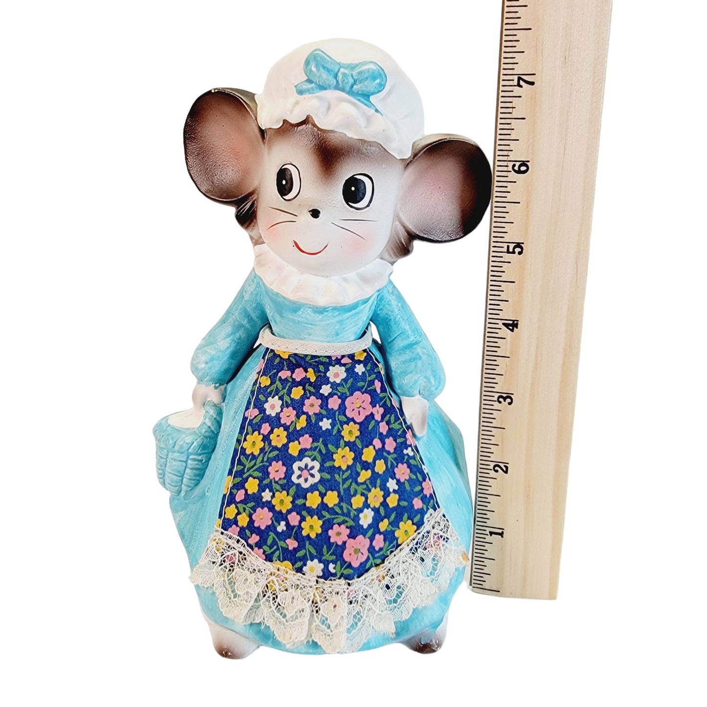 Vintage Ardco House Mouse Coin Bank Figurine 1960s Apron Blue Dress Country 7.5" H, Kitchy Decor