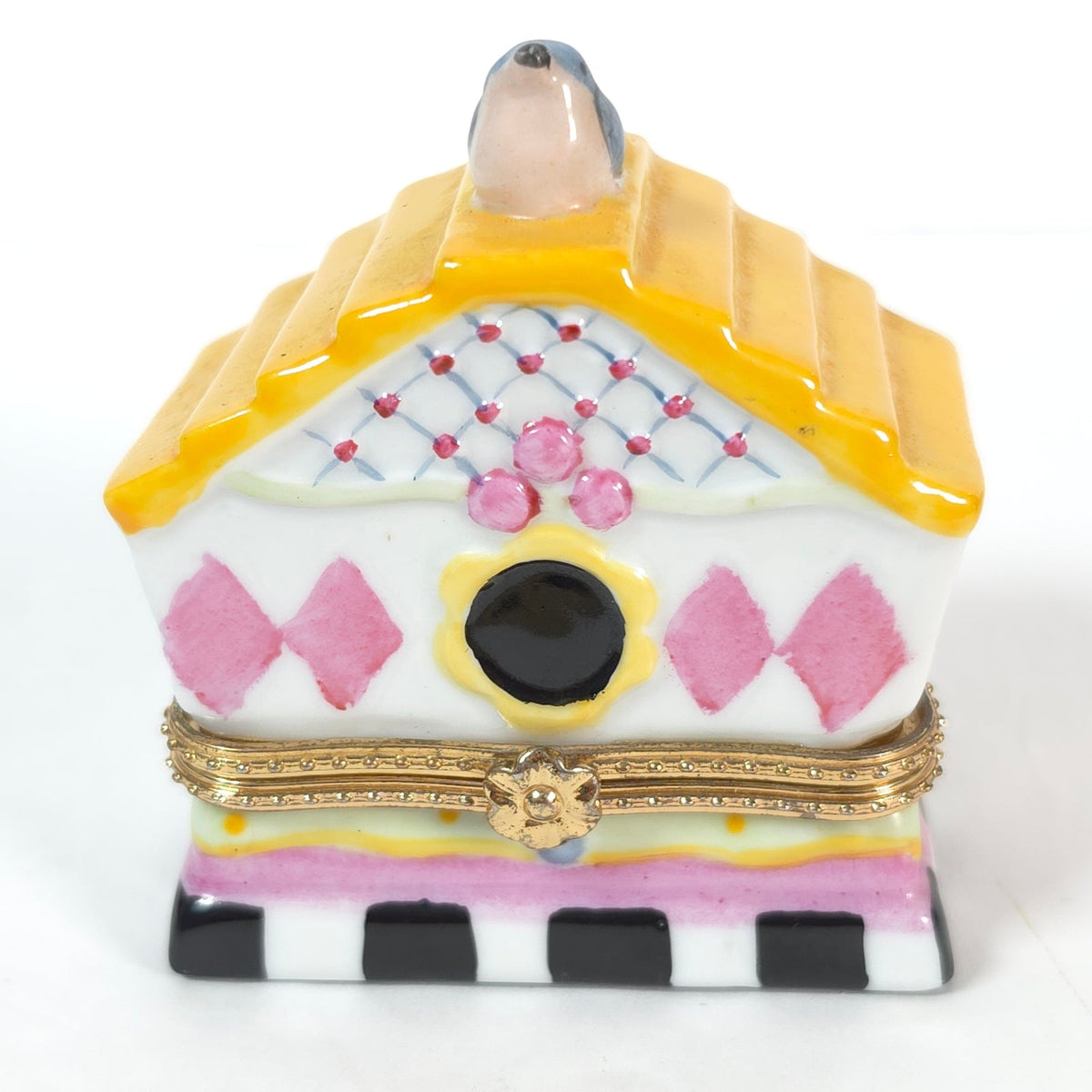 Bluebird Birdhouse Ceramic Hinged Trinket Box Yellow Roof Pink Diamonds