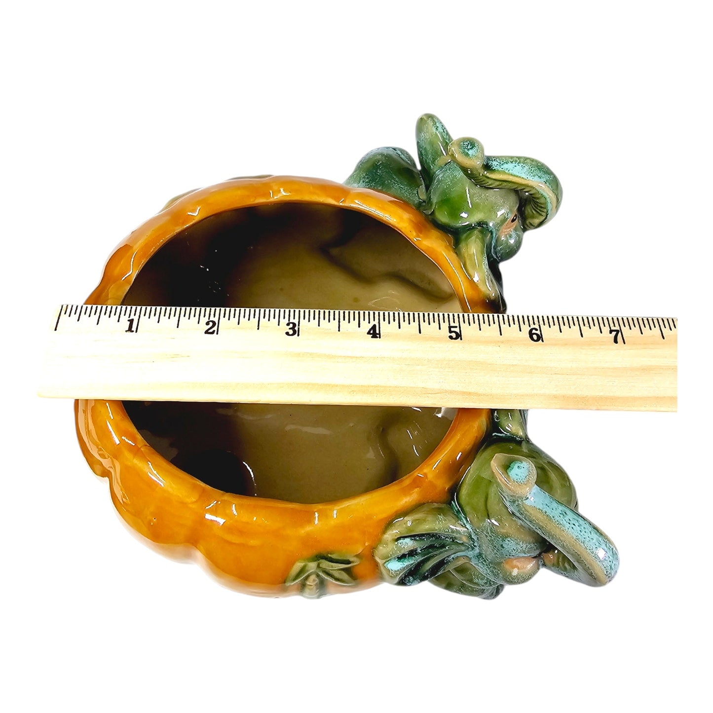 Vintage Majolica Pottery Two-Trunks Up Elephant in Orange Pumkin Planter Pot, 4" H