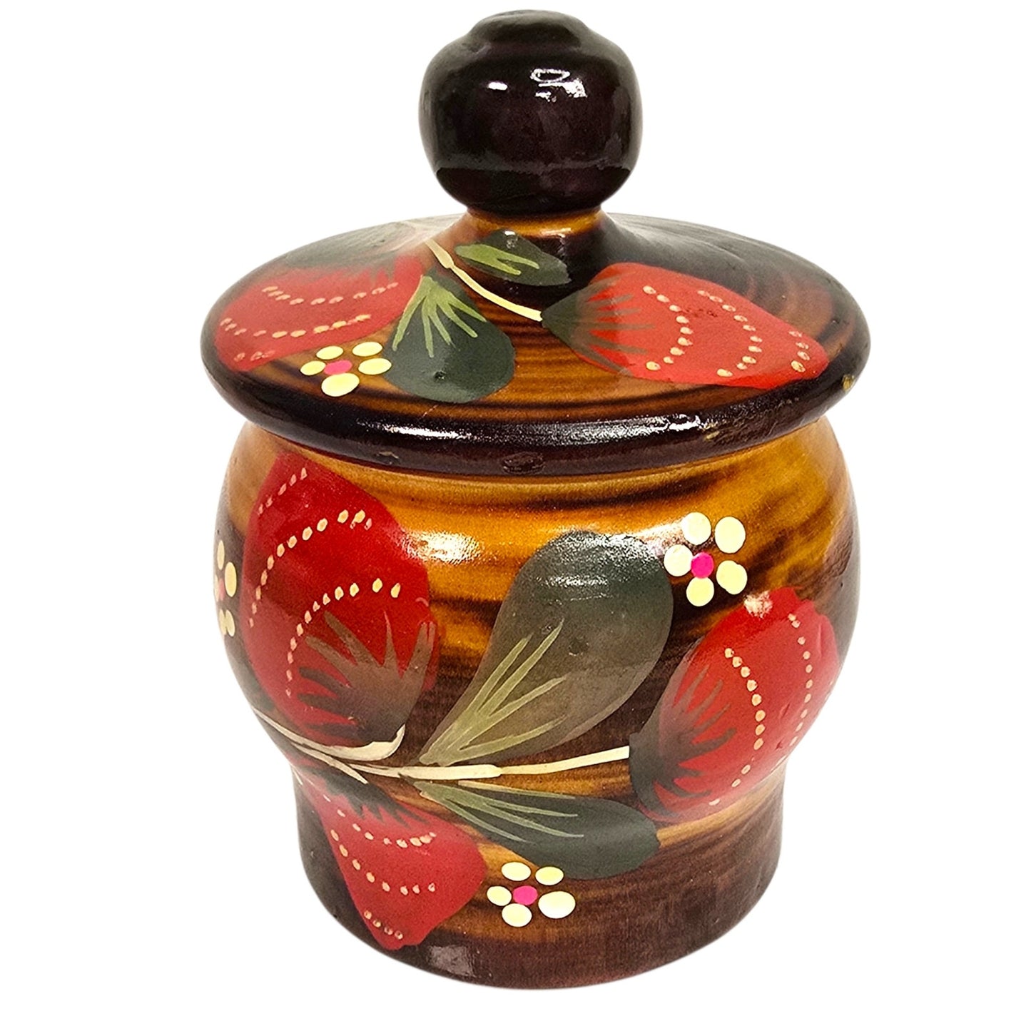 Vtg Hand Painted Strawberry Wooden Lidded Jar Rustic Folk Art Hand Turned 3.5"