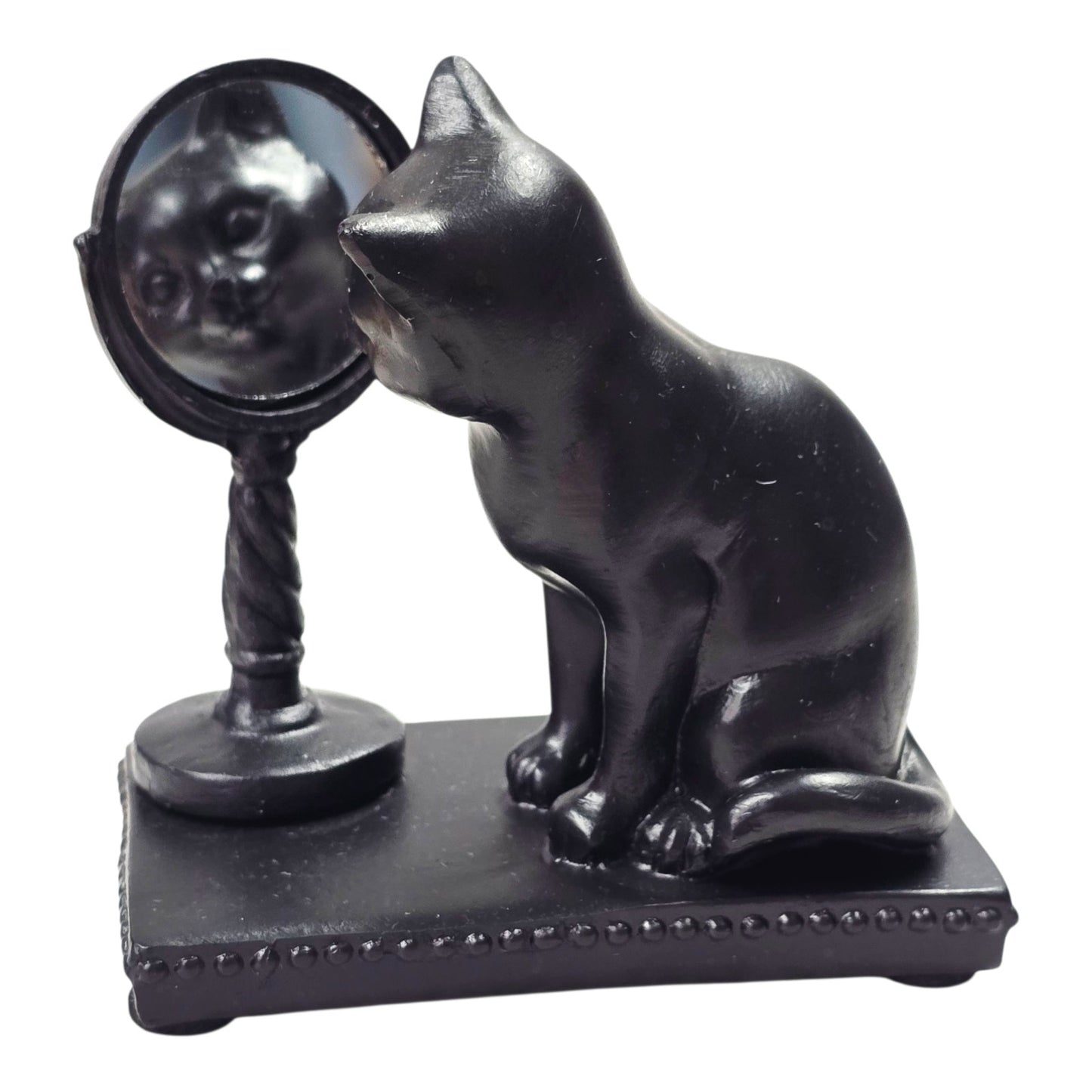 Vtg Black Cat Figurine looking in Vanity Mirror Resin 3.25" Cat Lover Gift Decor