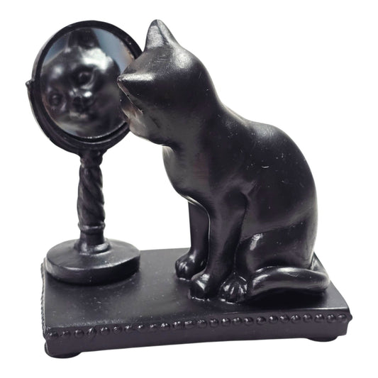 Vtg Black Cat Figurine looking in Vanity Mirror Resin 3.25" Cat Lover Gift Decor