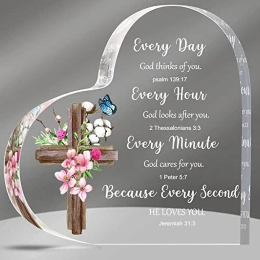 Acrylic Heart Bible Verse Cross & Floral Design Christian Gift Faith Love