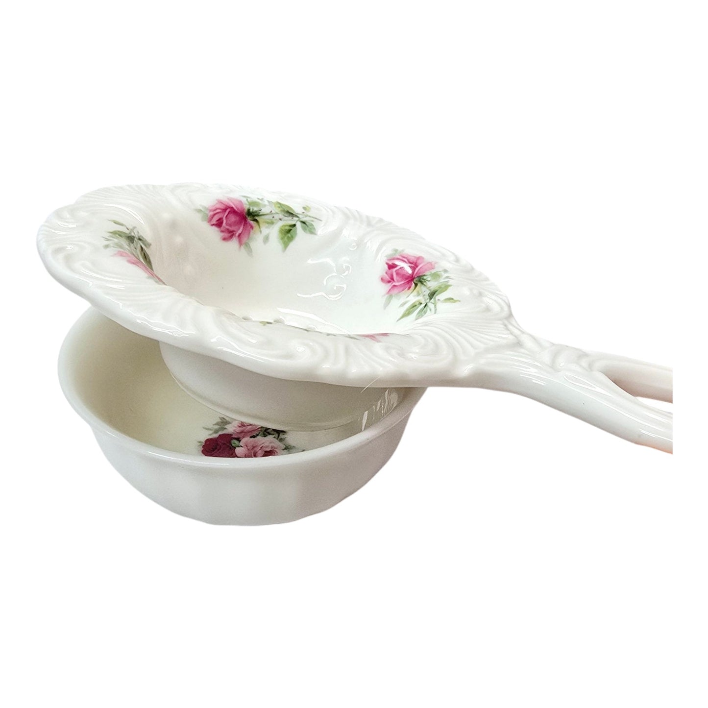 Set of 3 Dainty Tea Dishes: Allyn Nelson Porcelain Tea Strainer and Drip Bowl, plus a dainty Queen's England Prairie Rose Dish